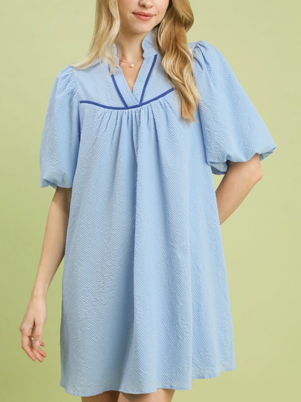 Umgee Seersucker Dress with navy detail